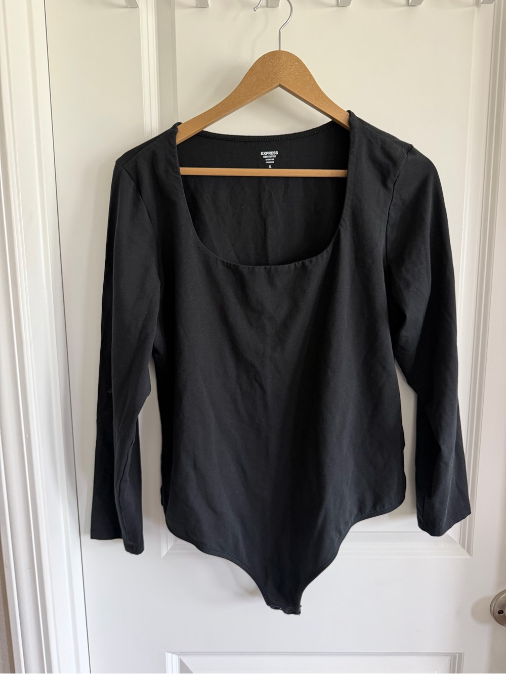 Express Square Neck Bodysuit Sz XL Black Snap Gusset Night Out Long Sleeve